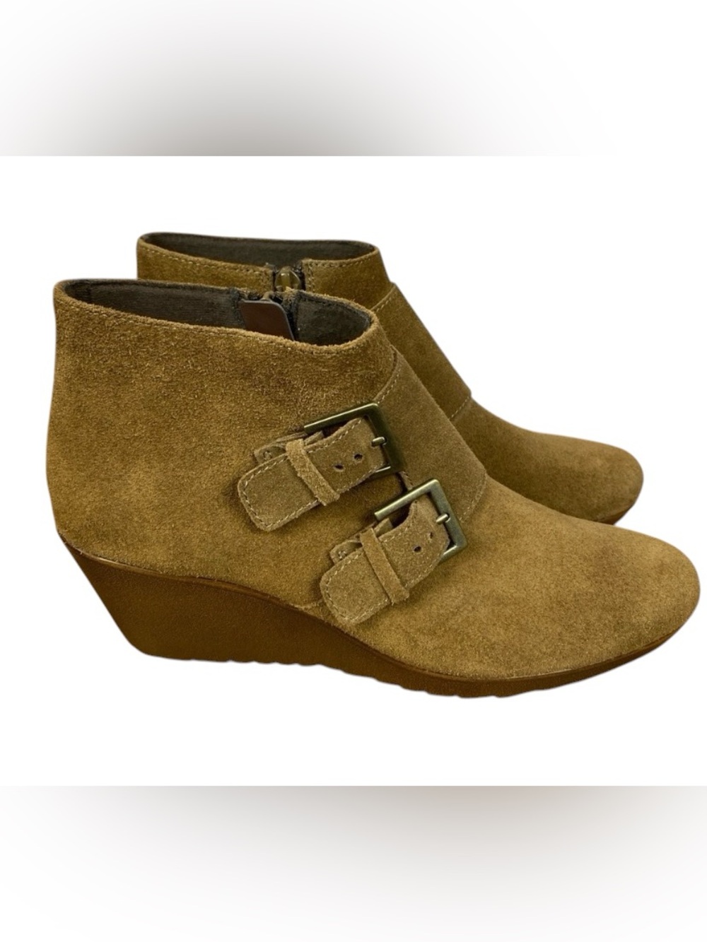 Munro American Drew Monk 2 Strap Camel Tan Suede Wedge Ankle Booties Sz 7.5